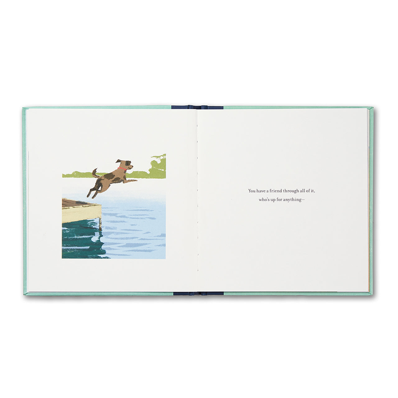 Open spread of a dog leaping into water beside a short line of text