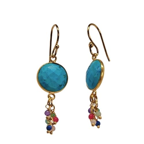 Euro Gold hook earrings with a round turquoise gem and tiny multicoloured gemstone tassels