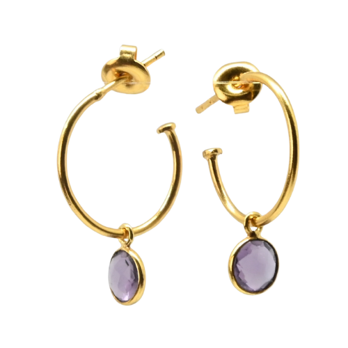Euro Gold hoop earrings with a faceted amethyst drop