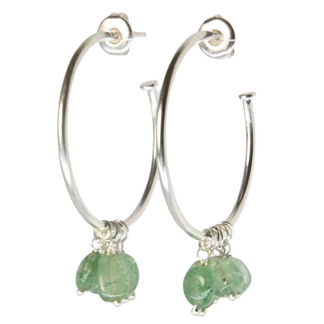 Euro Silver hoop earrings with green aventurine-style gemstone chips