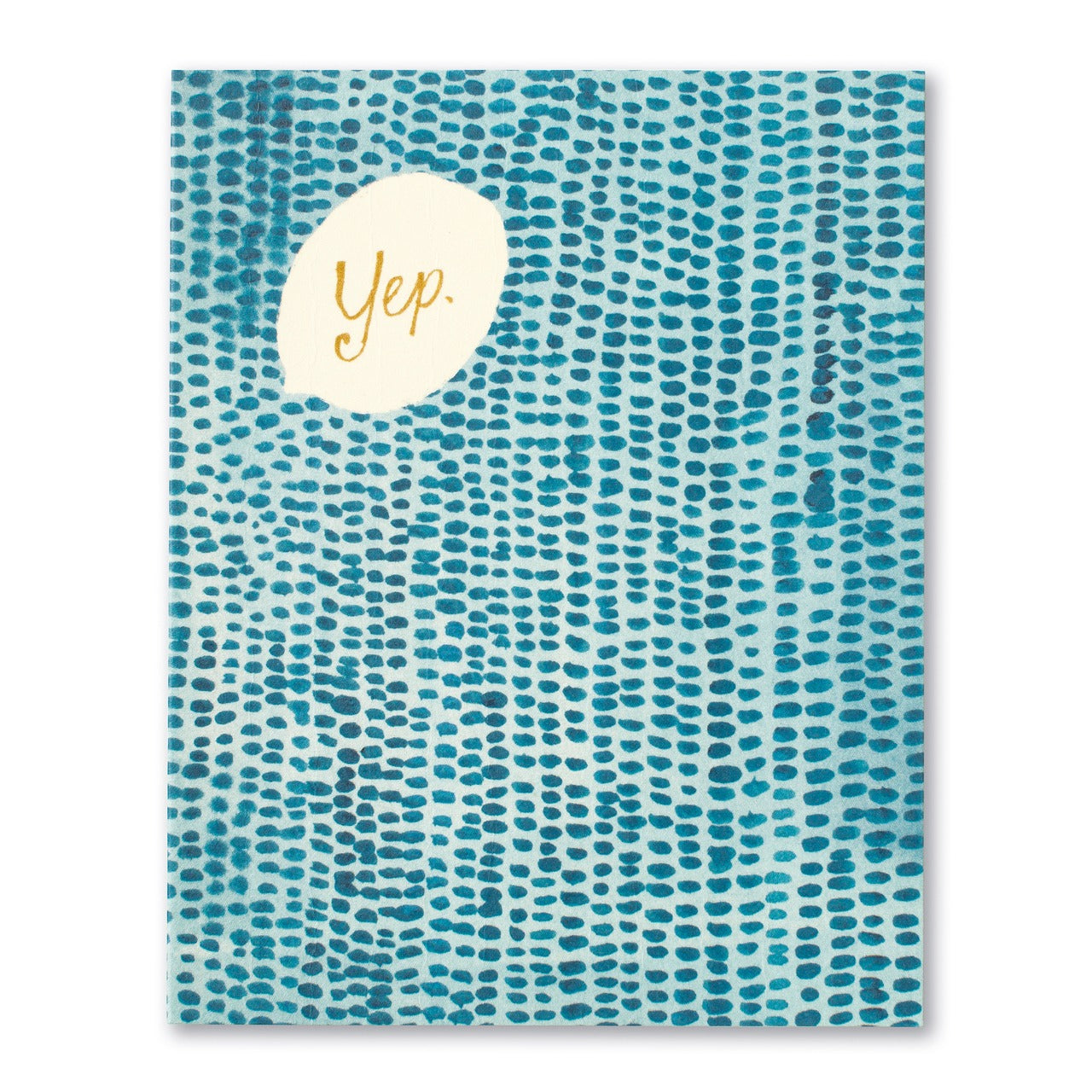 Yep. anniversary card with gold lettering on a hand-painted teal dot pattern