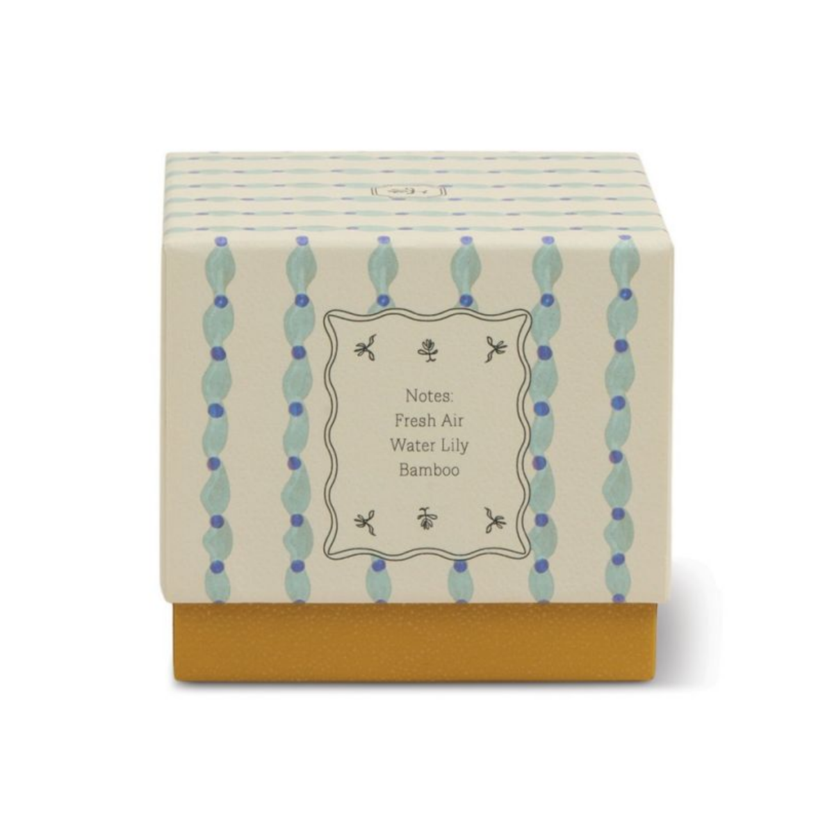 Cream and blue striped gift box printed with the fragrance notes: fresh air, water lily and bamboo.