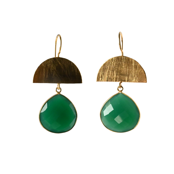 Brushed gold half-moon earrings with large faceted deep green onyx drops