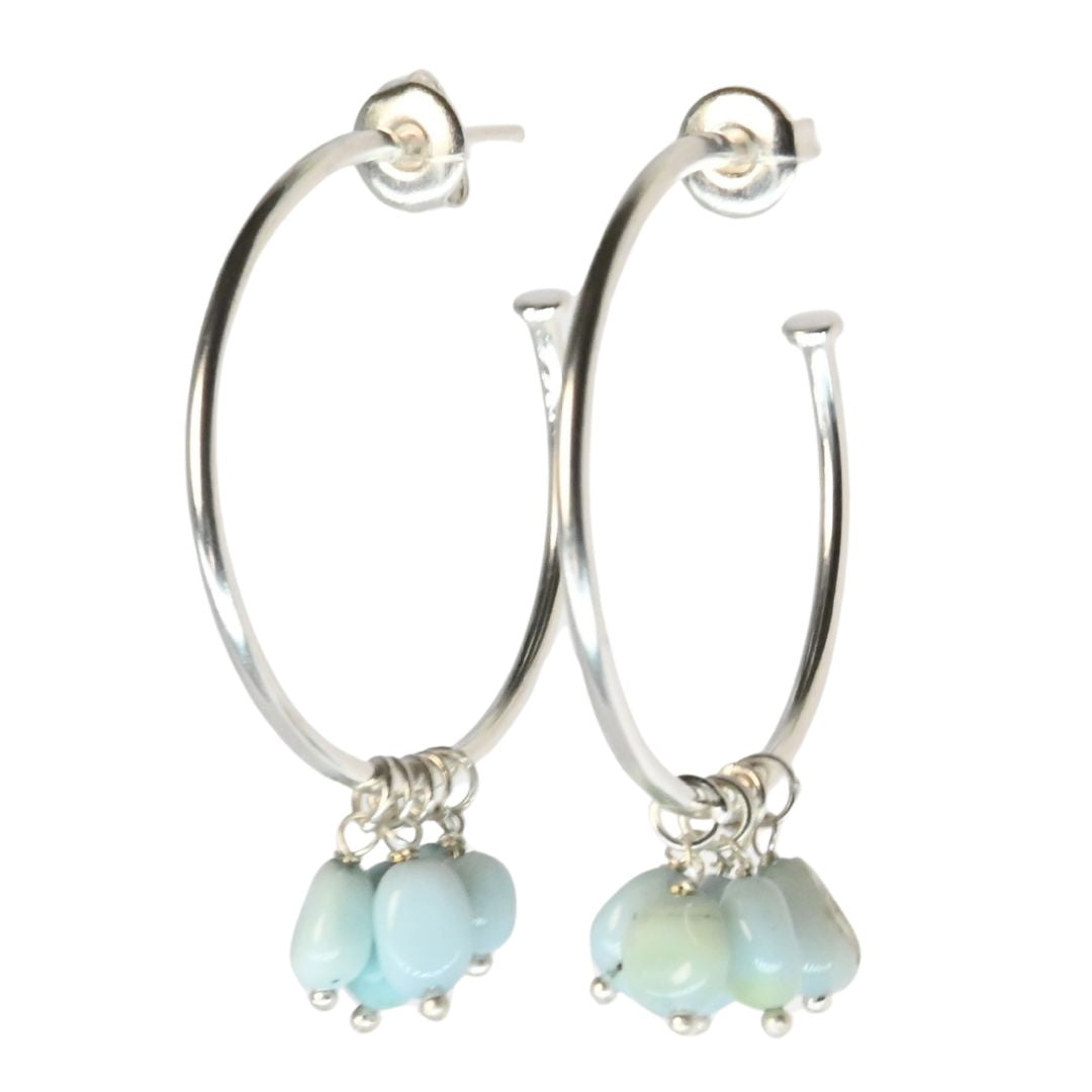 Euro Silver hoop earrings with pale blue gemstone chip drops