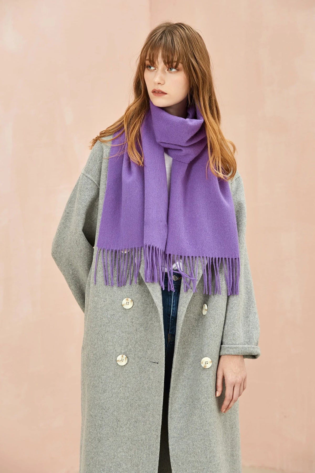 Full-length grey coat look with the Iris purple scarf draped long