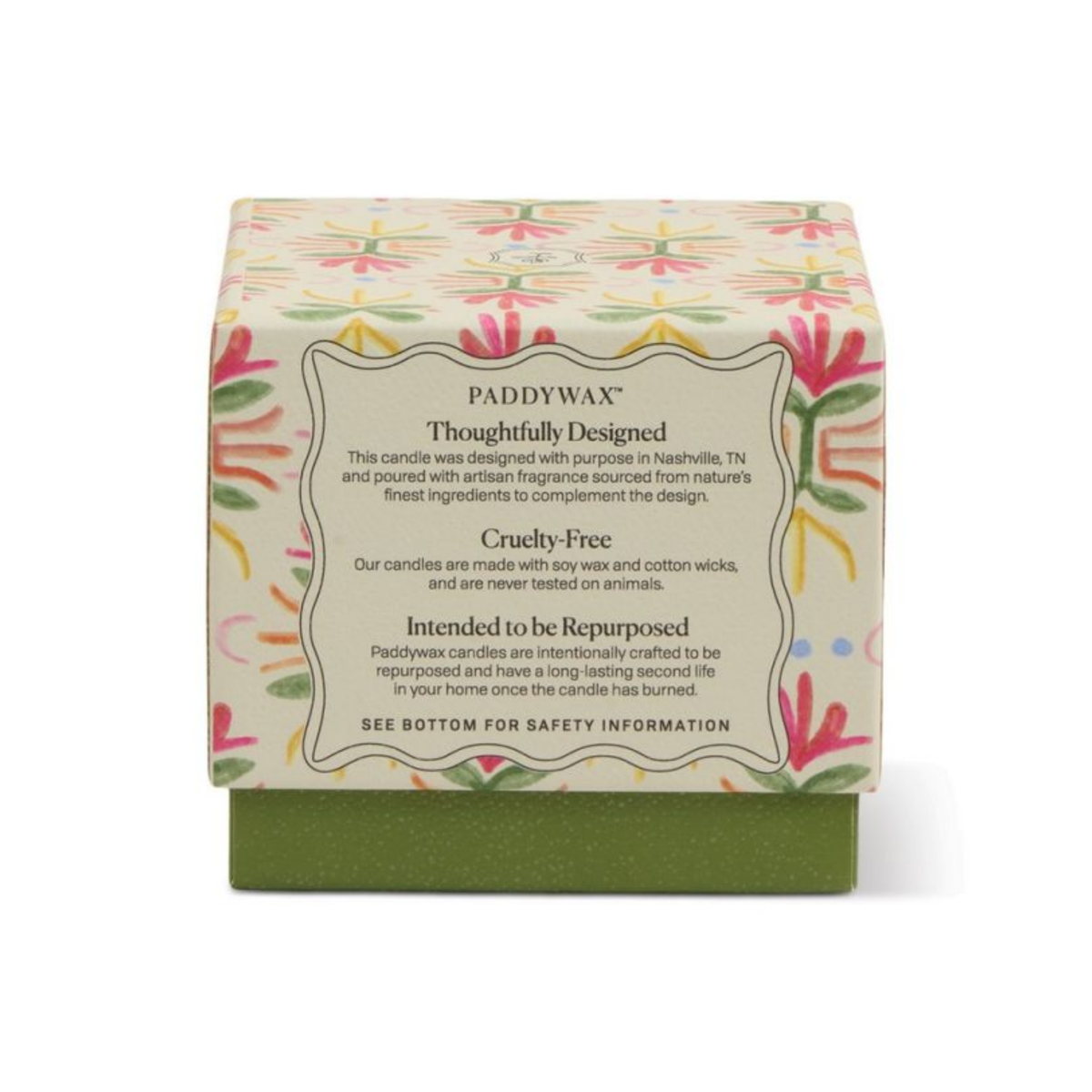 Back of the gift box: designed in Nashville, soy wax and cotton wicks, never tested on animals, made to be reused.