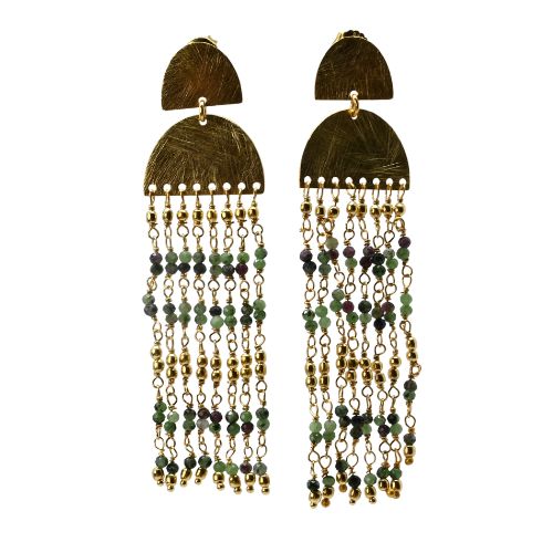 Euro Gold cascade earrings with green ruby zoisite bead strands flecked with darker tones