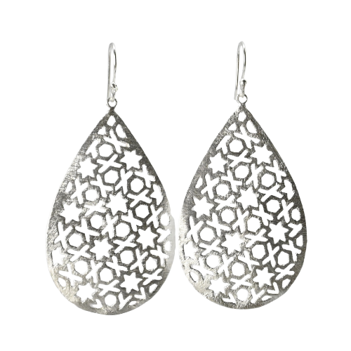 Silver wash teardrop earrings with a pierced jali star-and-honeycomb pattern