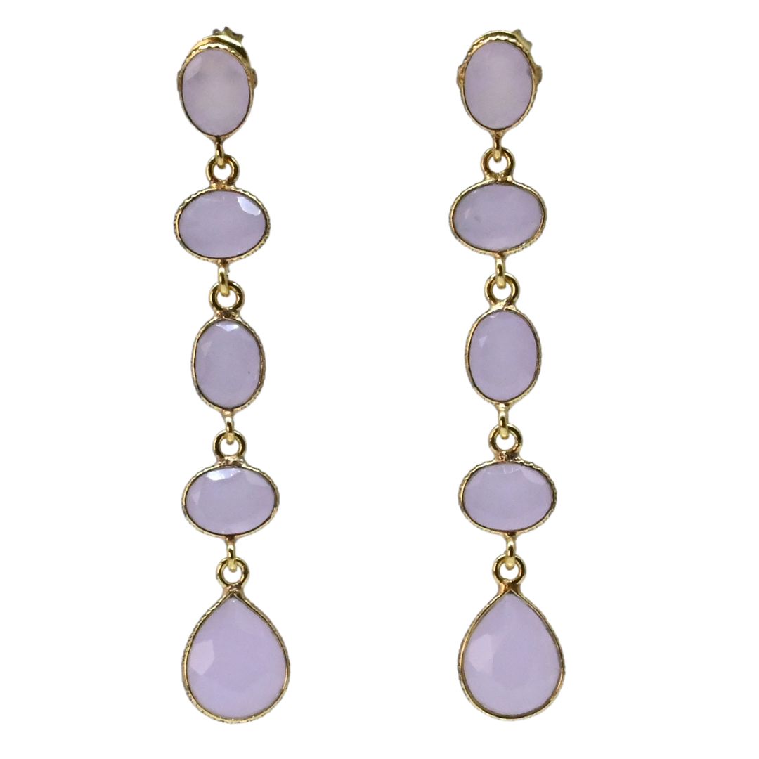Euro Gold long drop earrings with five linked lilac-pink gems ending in a teardrop