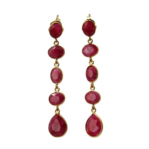 Euro Gold long drop earrings with five linked ruby gems ending in a teardrop