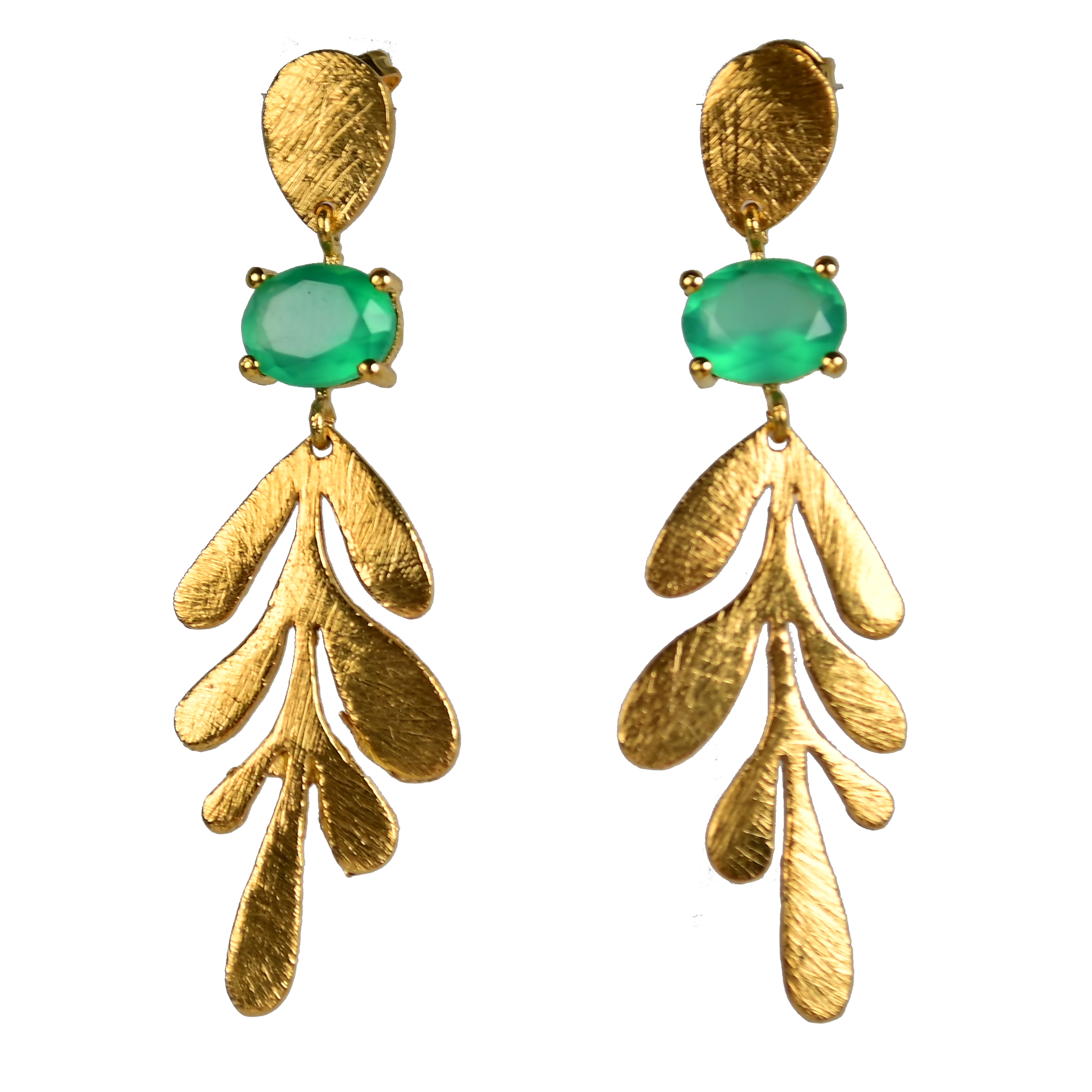 Euro Gold leaf drop earrings with emerald-green oval gems on black background