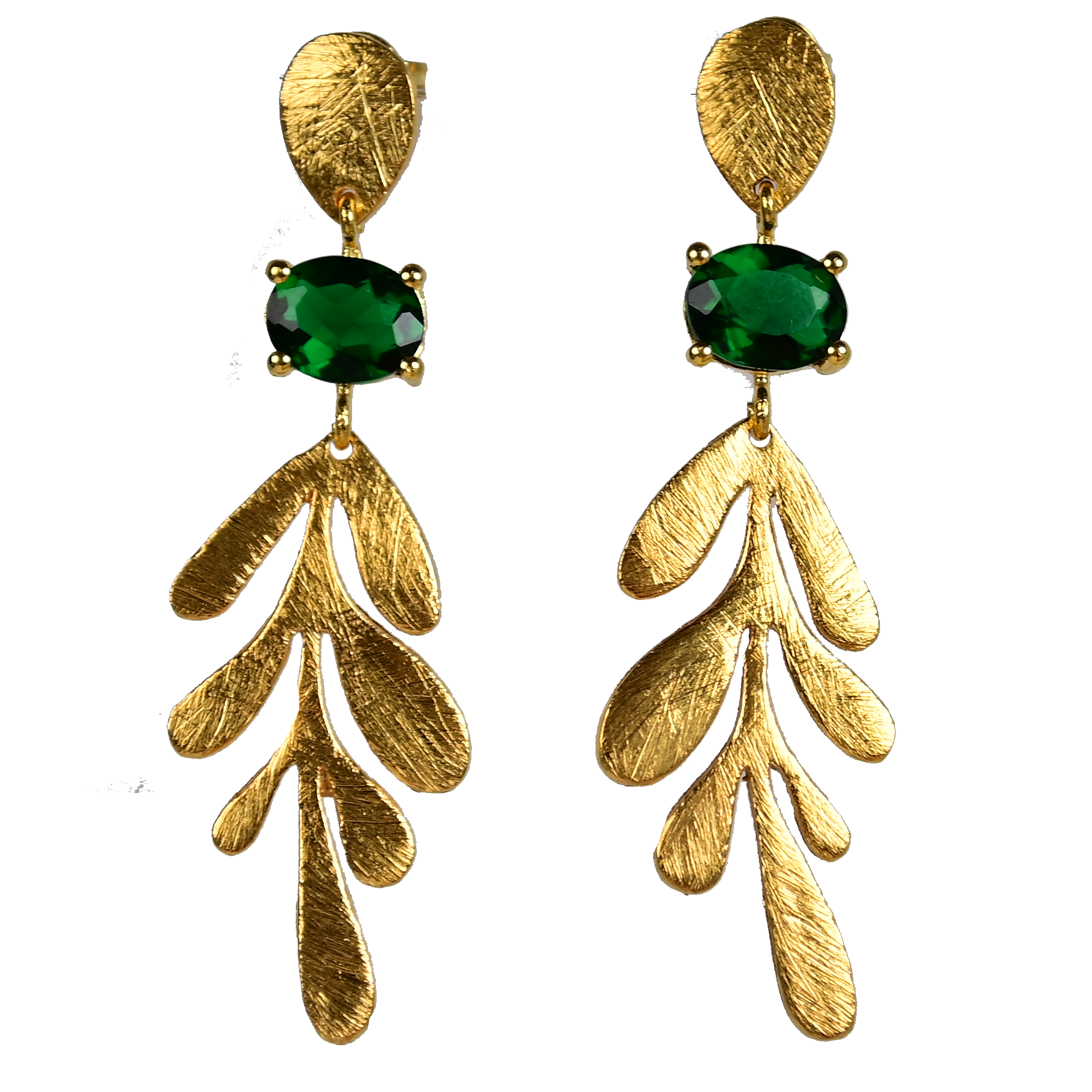 Brushed Euro Gold leaf earrings with deep green oval gems on dark background