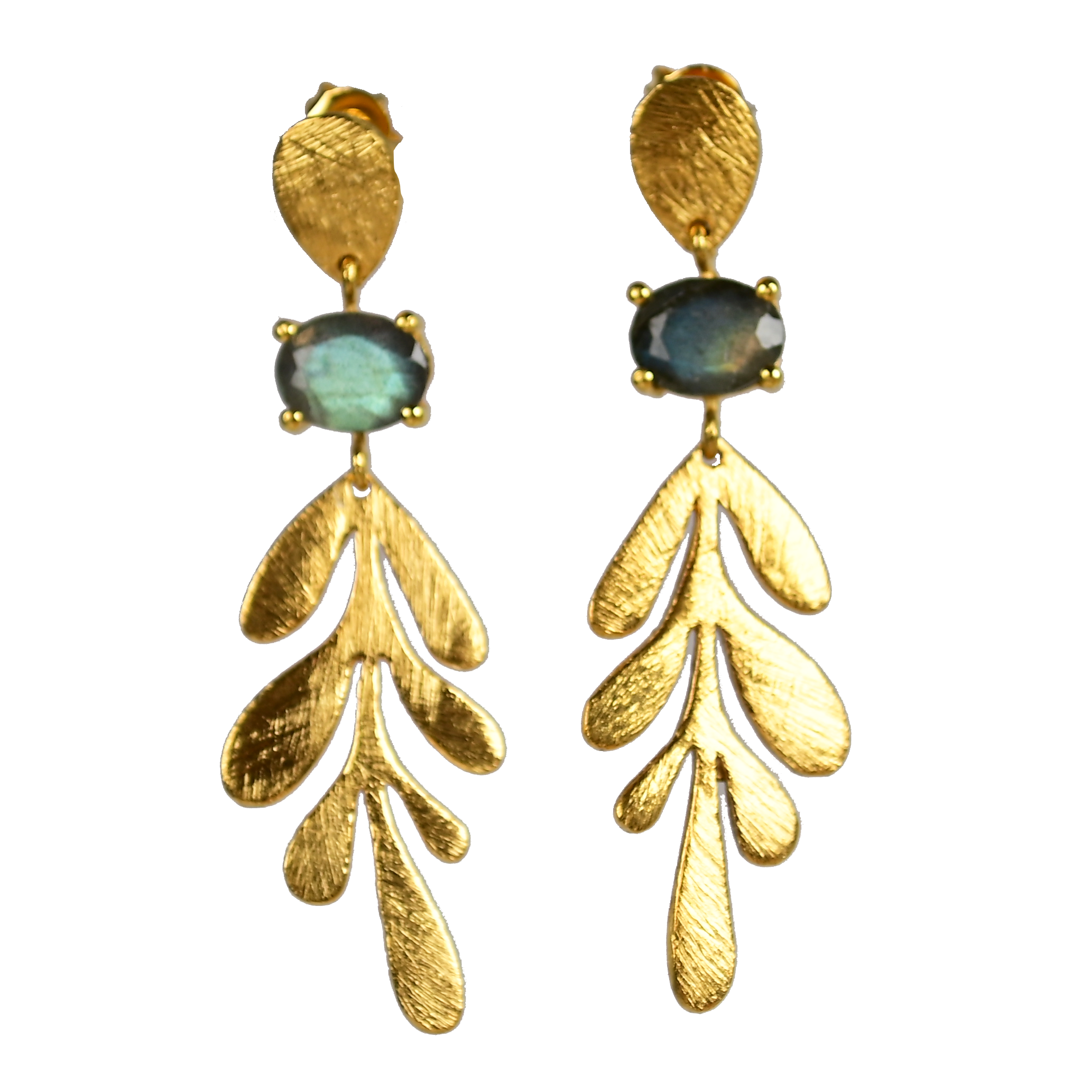 Brushed Euro Gold leaf earrings with teal-grey oval gems on dark background