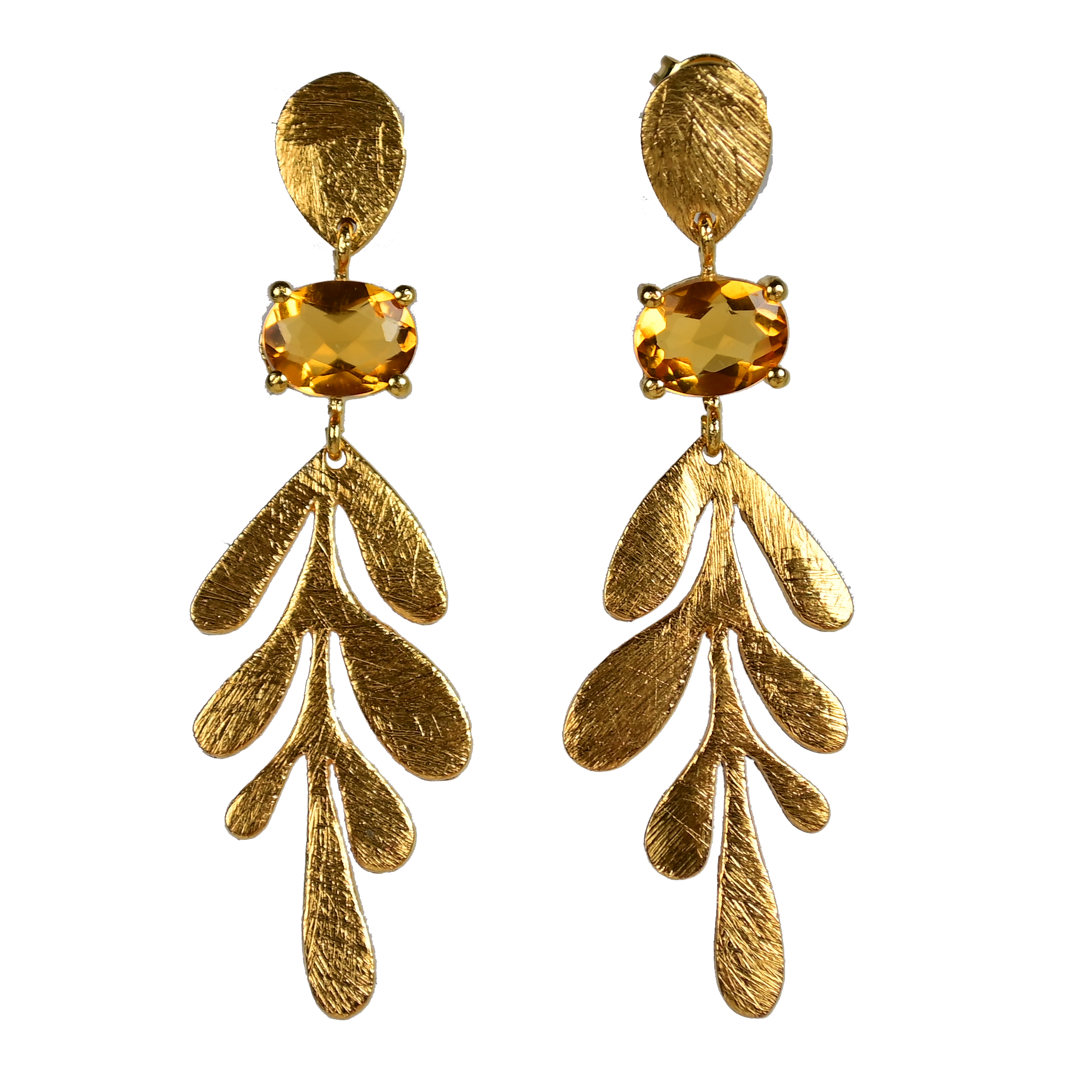 Brushed Euro Gold leaf earrings with golden citrine gems on dark background