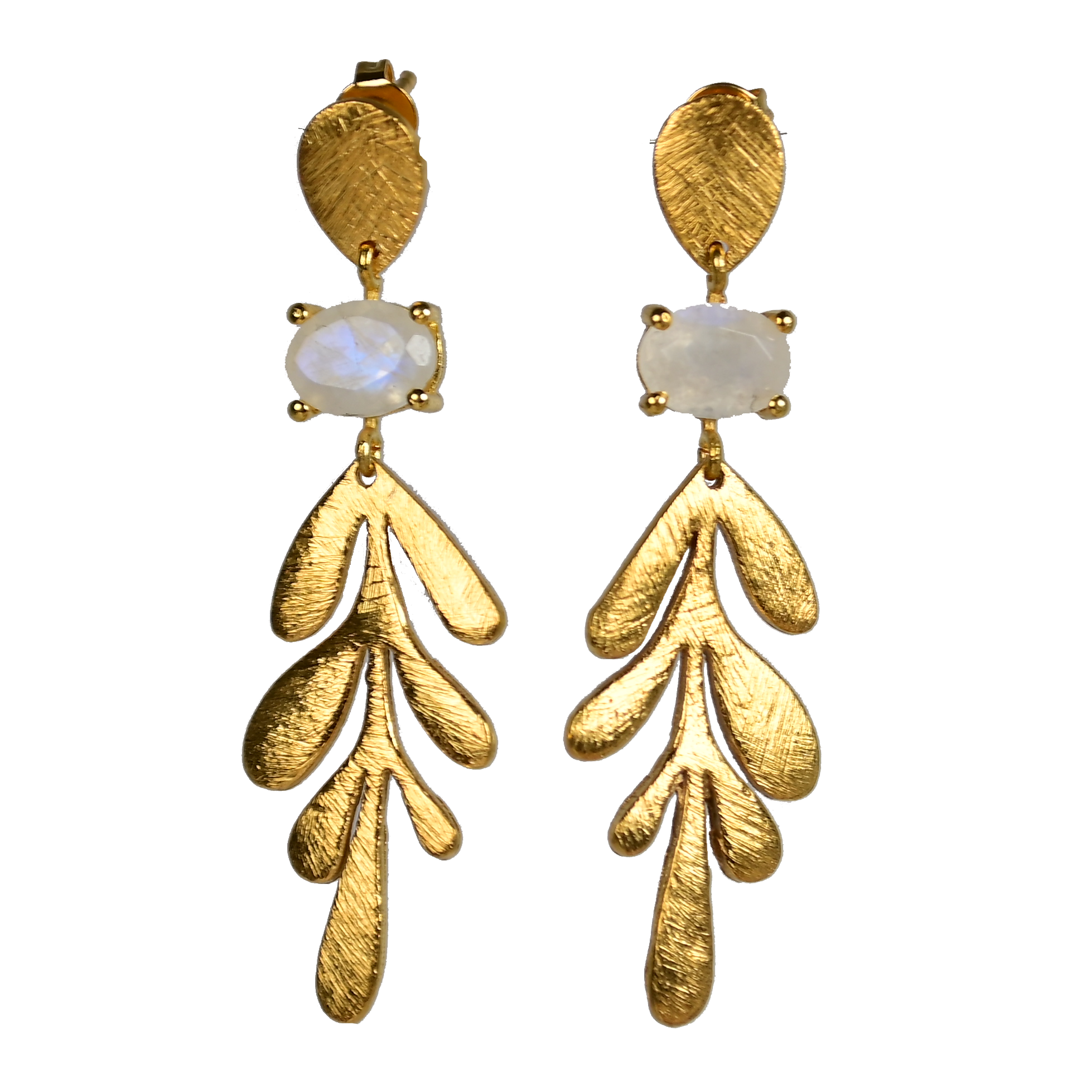 Brushed Euro Gold leaf earrings with white moonstone-style gems