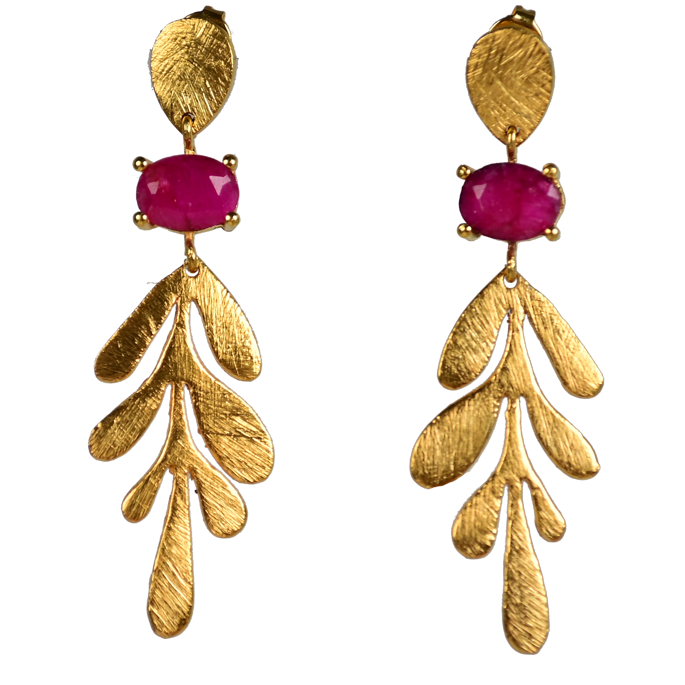 Brushed Euro Gold leaf earrings with magenta-pink oval gems