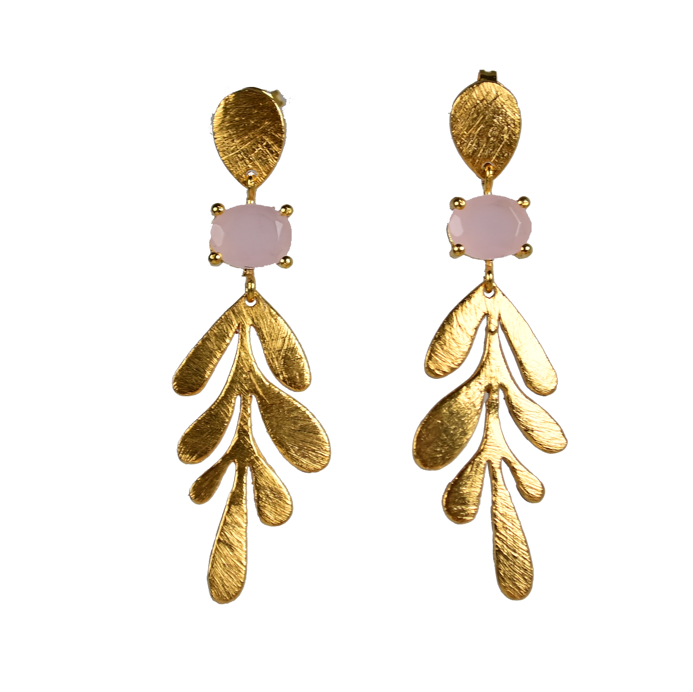 Brushed Euro Gold leaf earrings with blush-pink oval gems