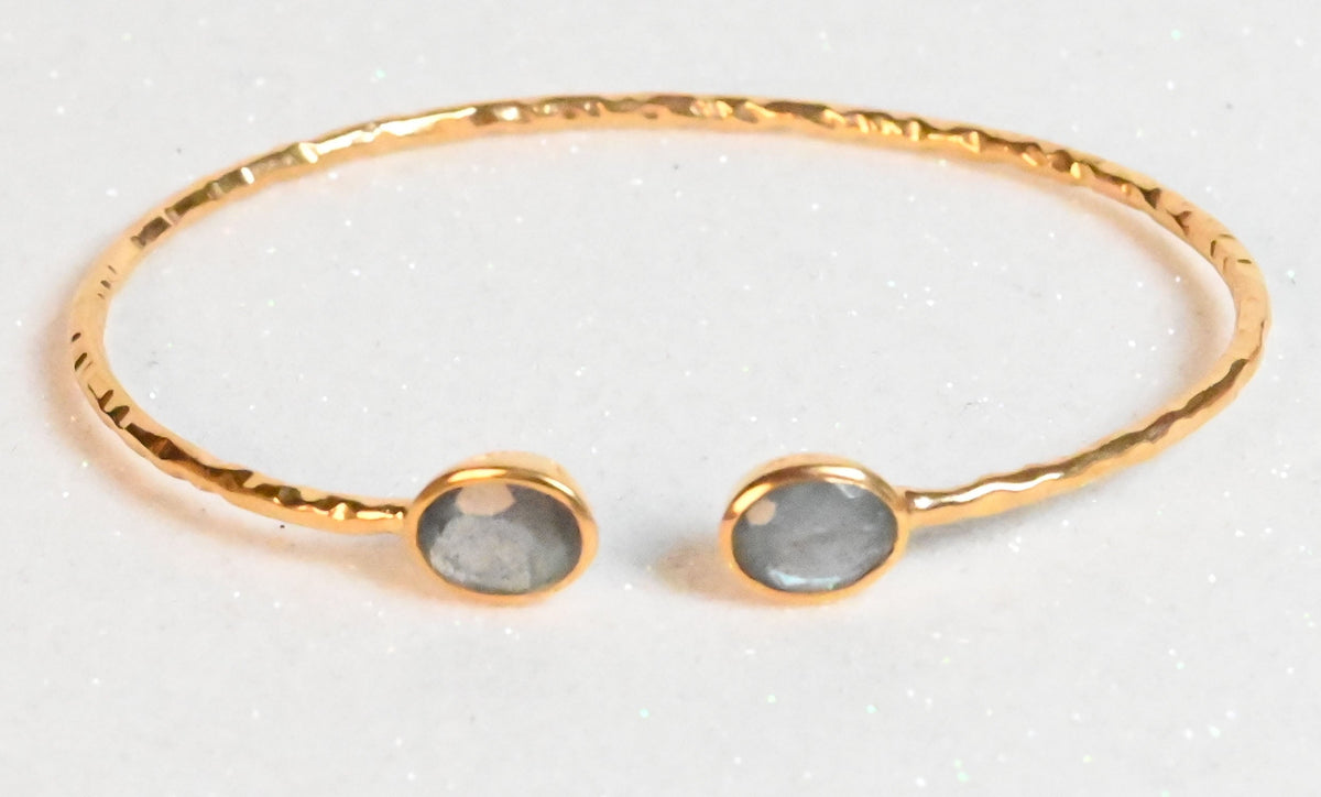 Euro Gold hammered cuff bangle with two grey moonstone-style gems