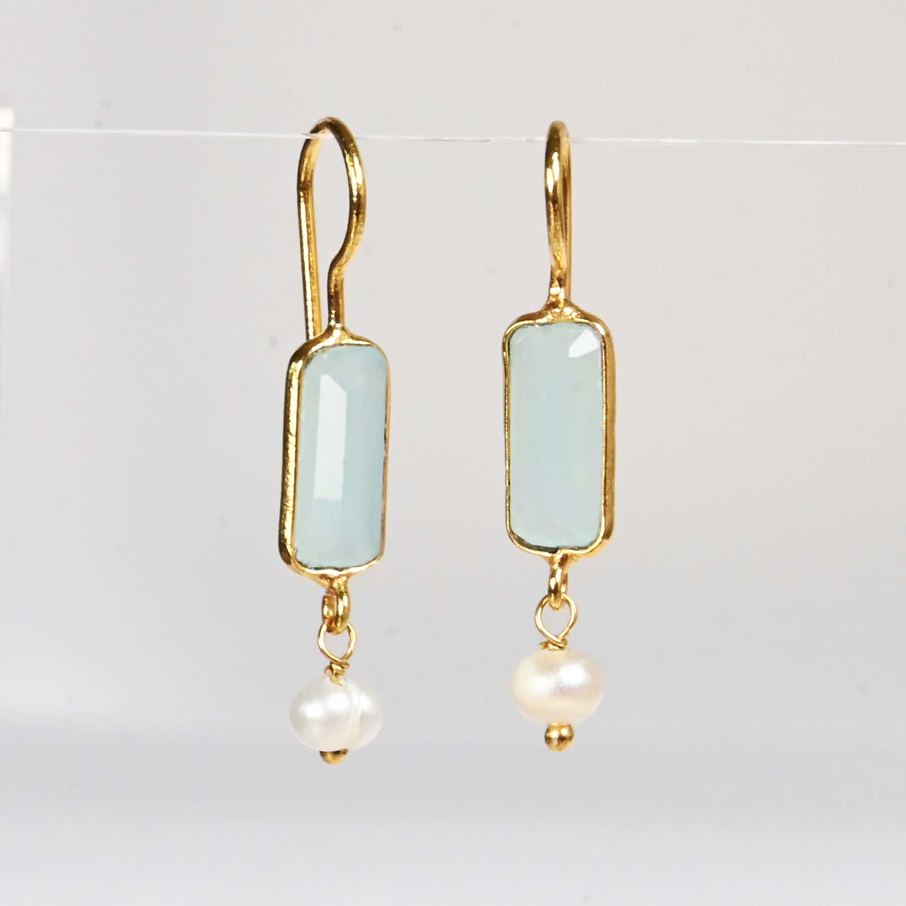 Euro Gold earrings with pale aqua chalcedony bars and freshwater pearl drops