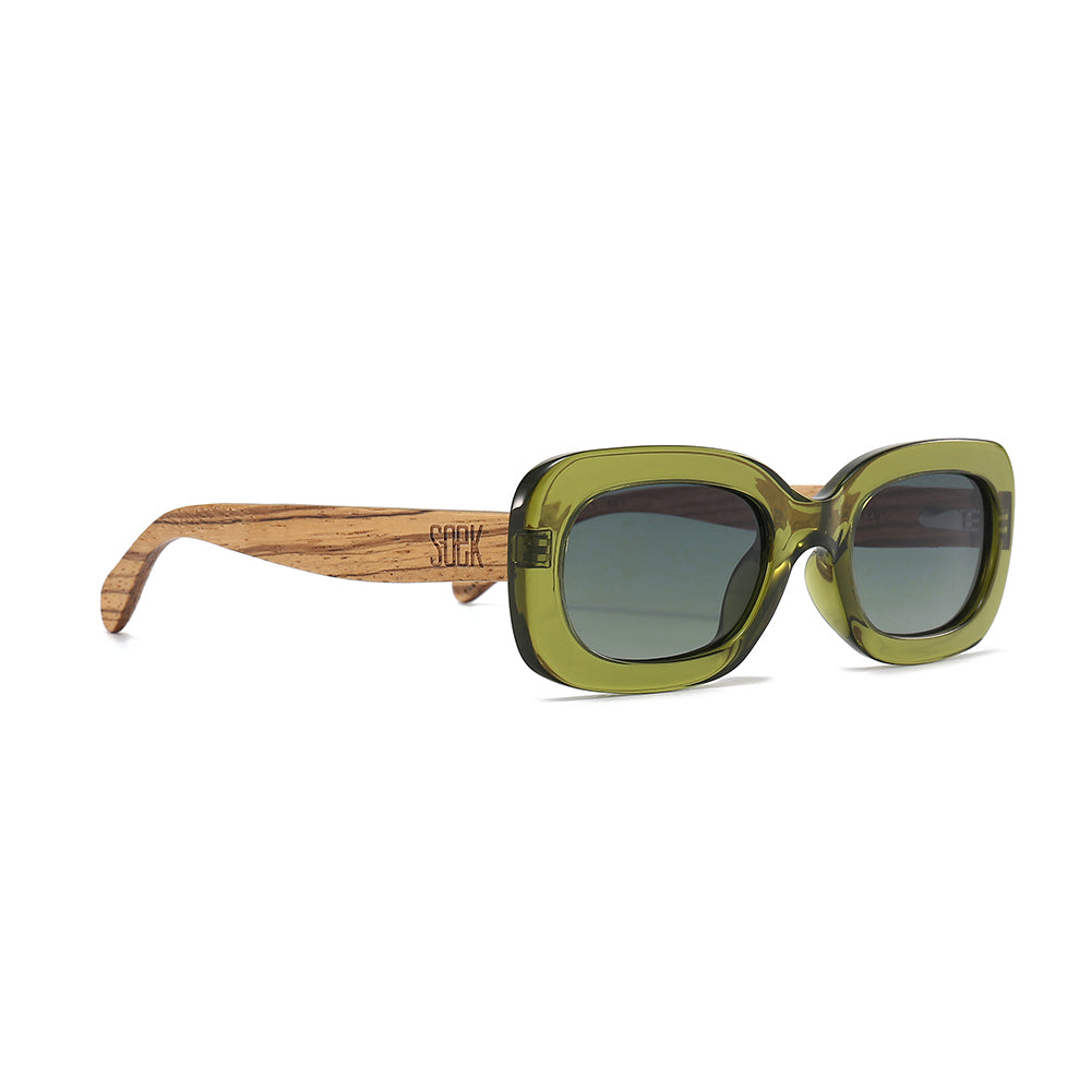 Vibe Moss sunglasses at an angle: a khaki green rectangular frame, dark gradient lenses and striped walnut arms