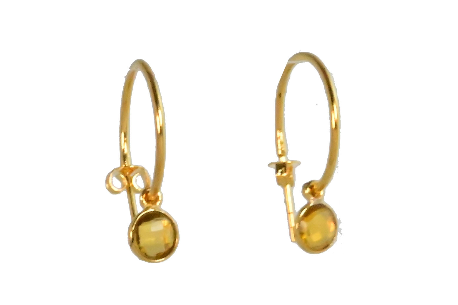 Euro Gold hoop earrings with a faceted warm yellow gemstone drop