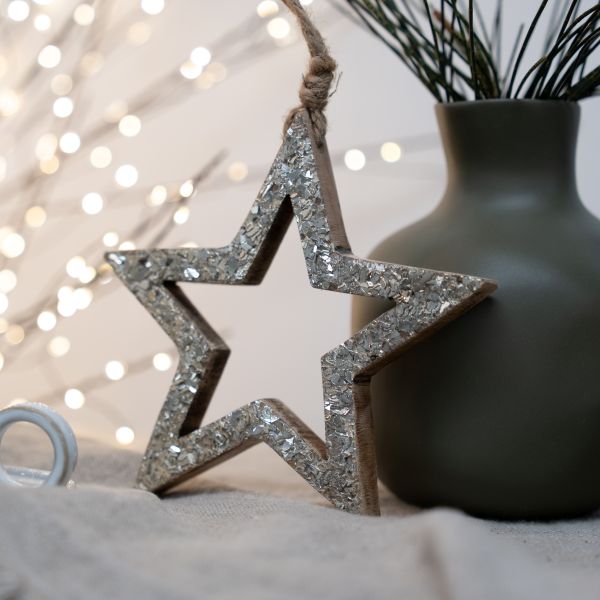 Open timber star with a silvery flaked face and a jute hanging loop, leaning against a sage green vase in front of fairy lights
