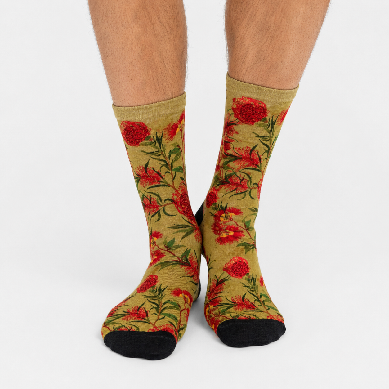 Person's lower legs against a white background wearing warm olive socks with black toes, printed with red flowering gum blossoms and green leaves.