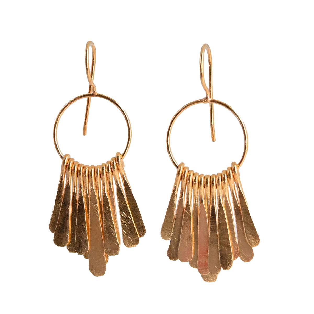 Small gold hoop earrings with a fringe of hammered paddles