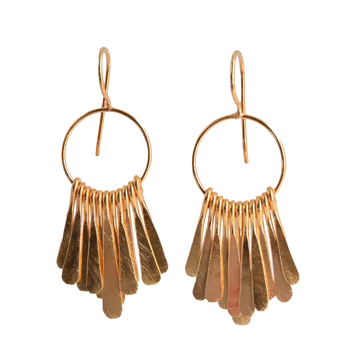 Small gold hoop earrings with a fringe of hammered paddles