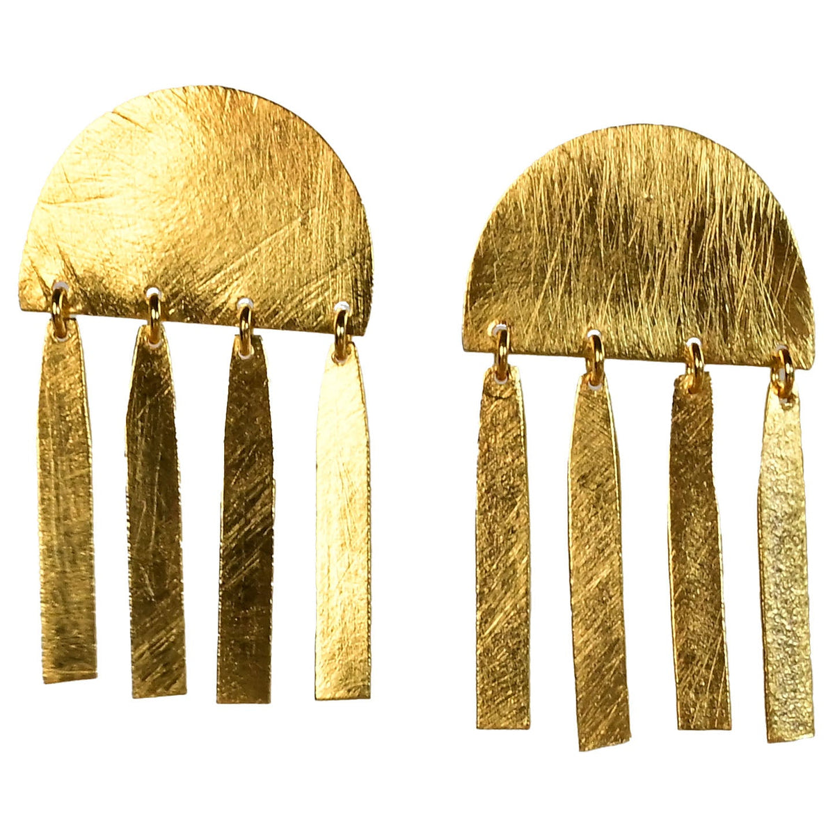 Brushed gold half-moon stud earrings with a fringe of four flat bars