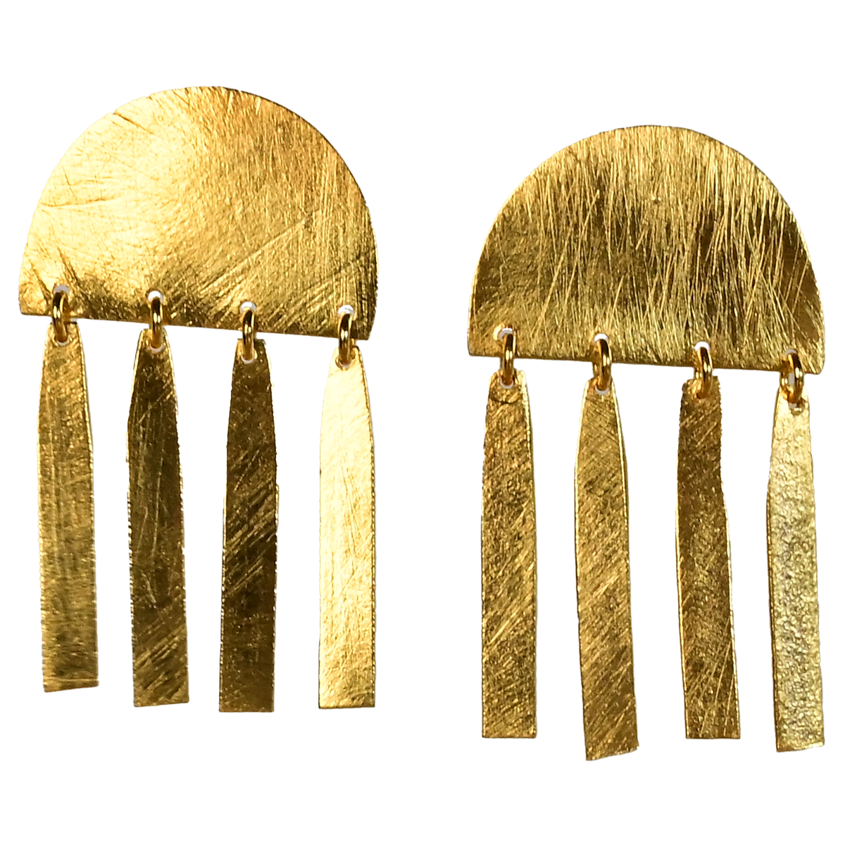 Brushed gold half-moon stud earrings with a fringe of four flat bars