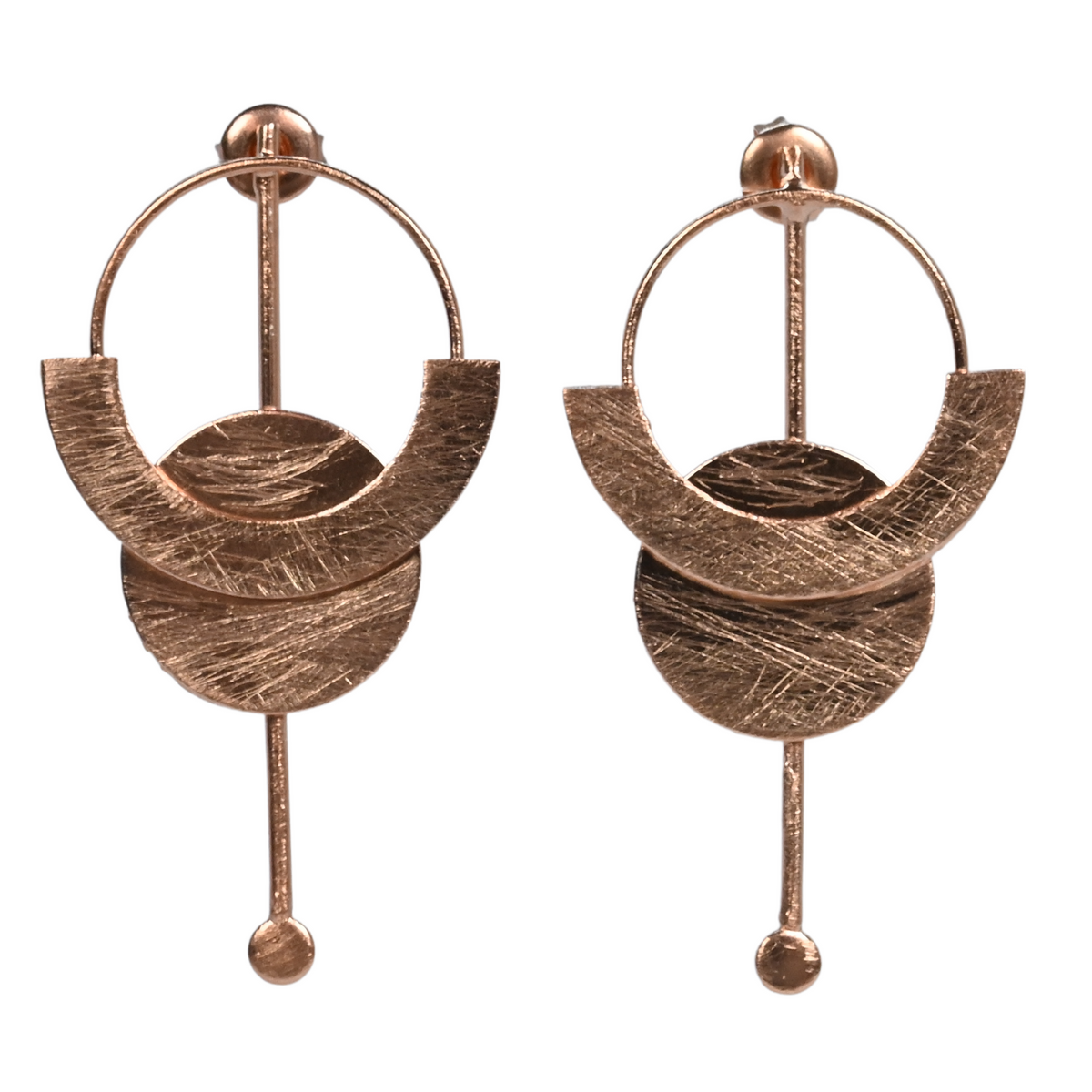 Brushed rose gold geometric stud earrings: an open circle, a crescent over a disc and a long bar