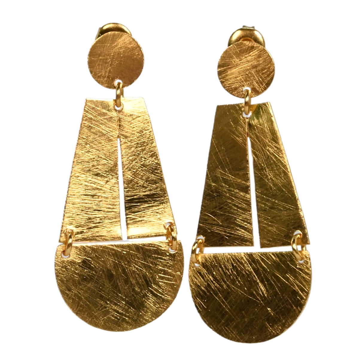 Brushed gold stud earrings with a boat-shaped drop: a split tapered panel over a half-disc