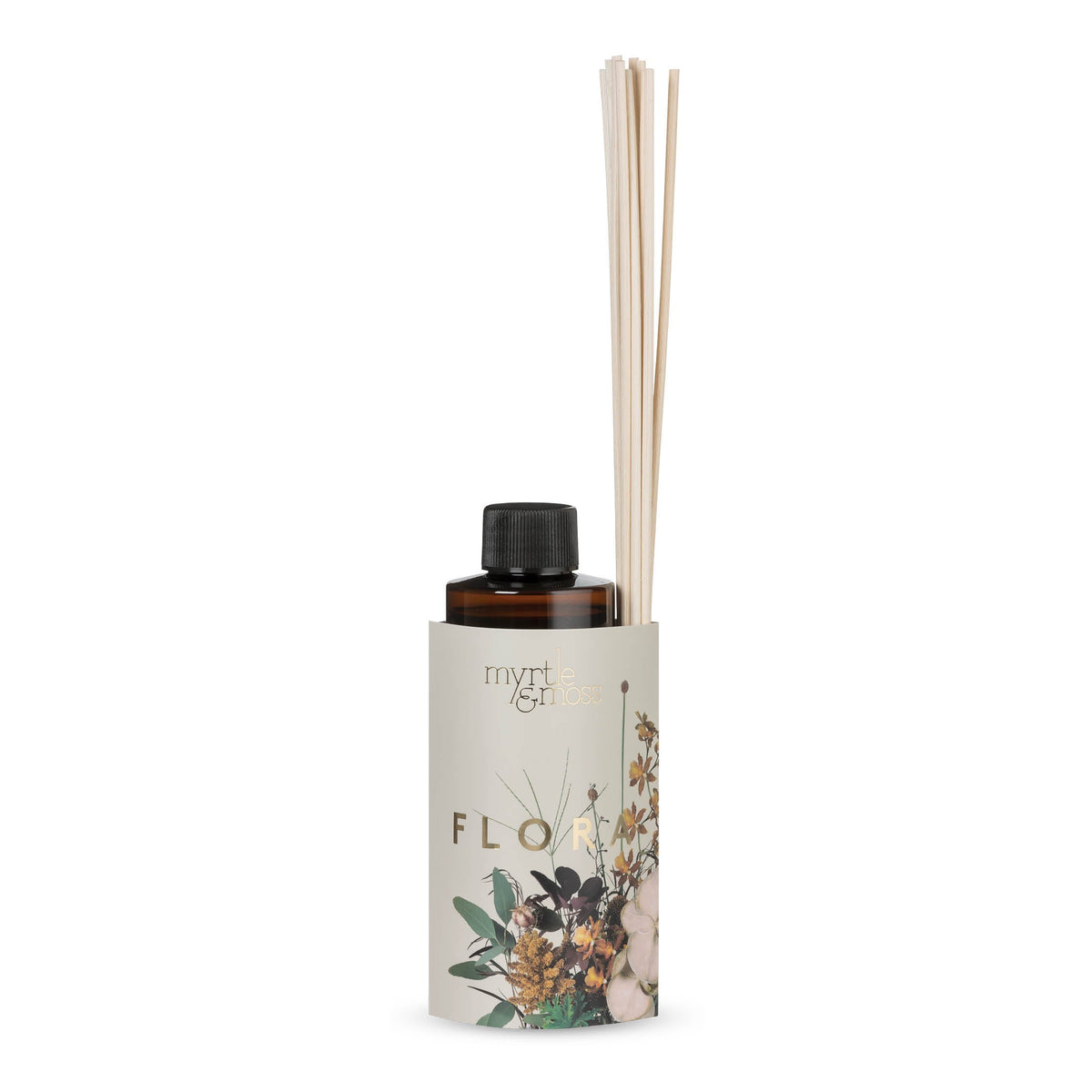 The Flora refill bottle in its botanical sleeve with rattan reeds, photographed on white.