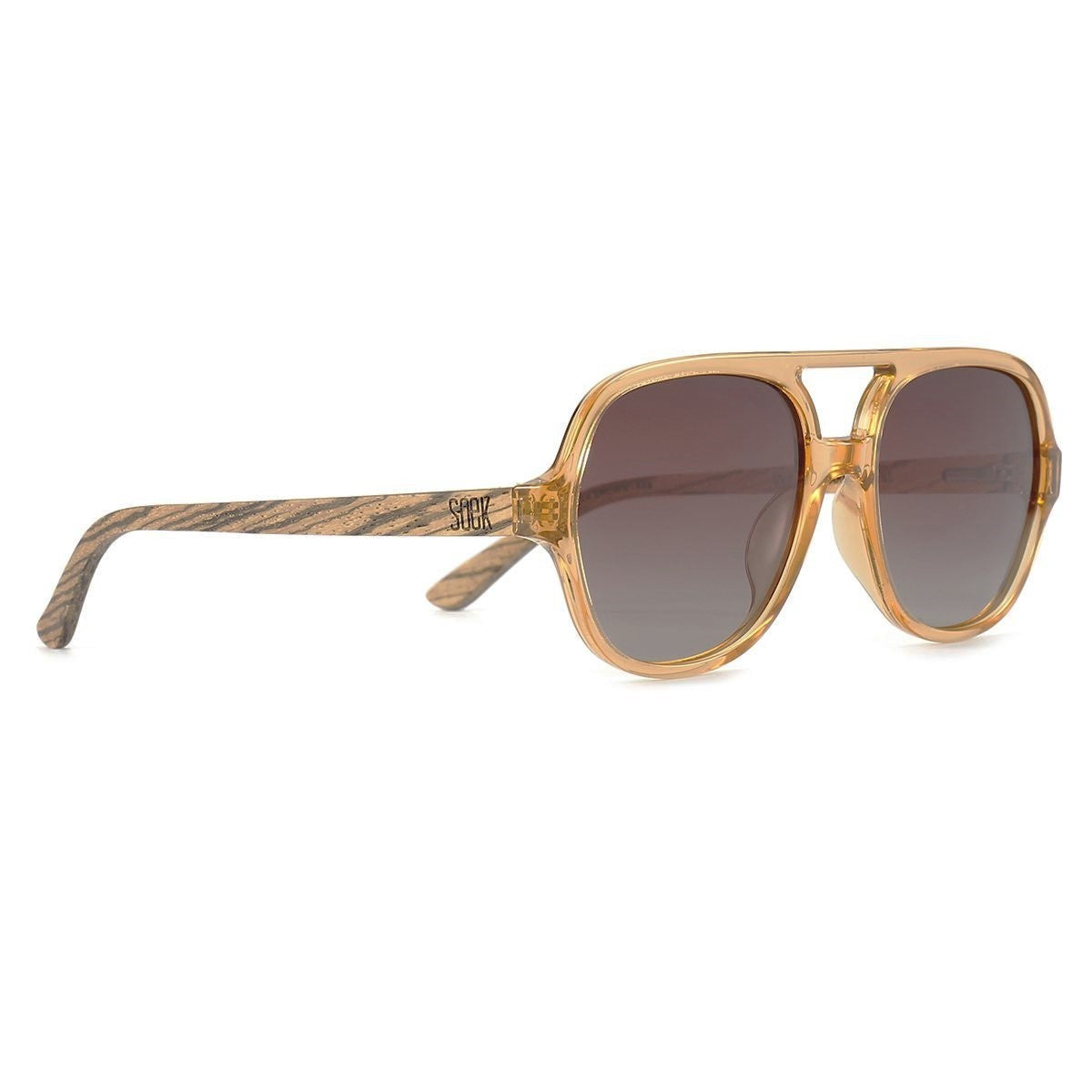 Billy sunglasses at an angle, showing the grained wooden arms against the clear brown frame