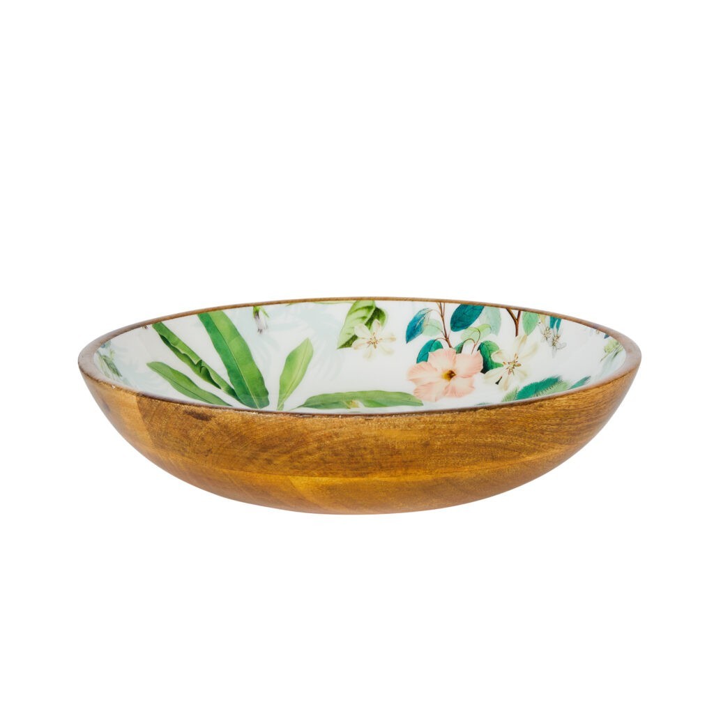 The bowl from the side: natural mango wood outside, with the palm print showing inside the rim