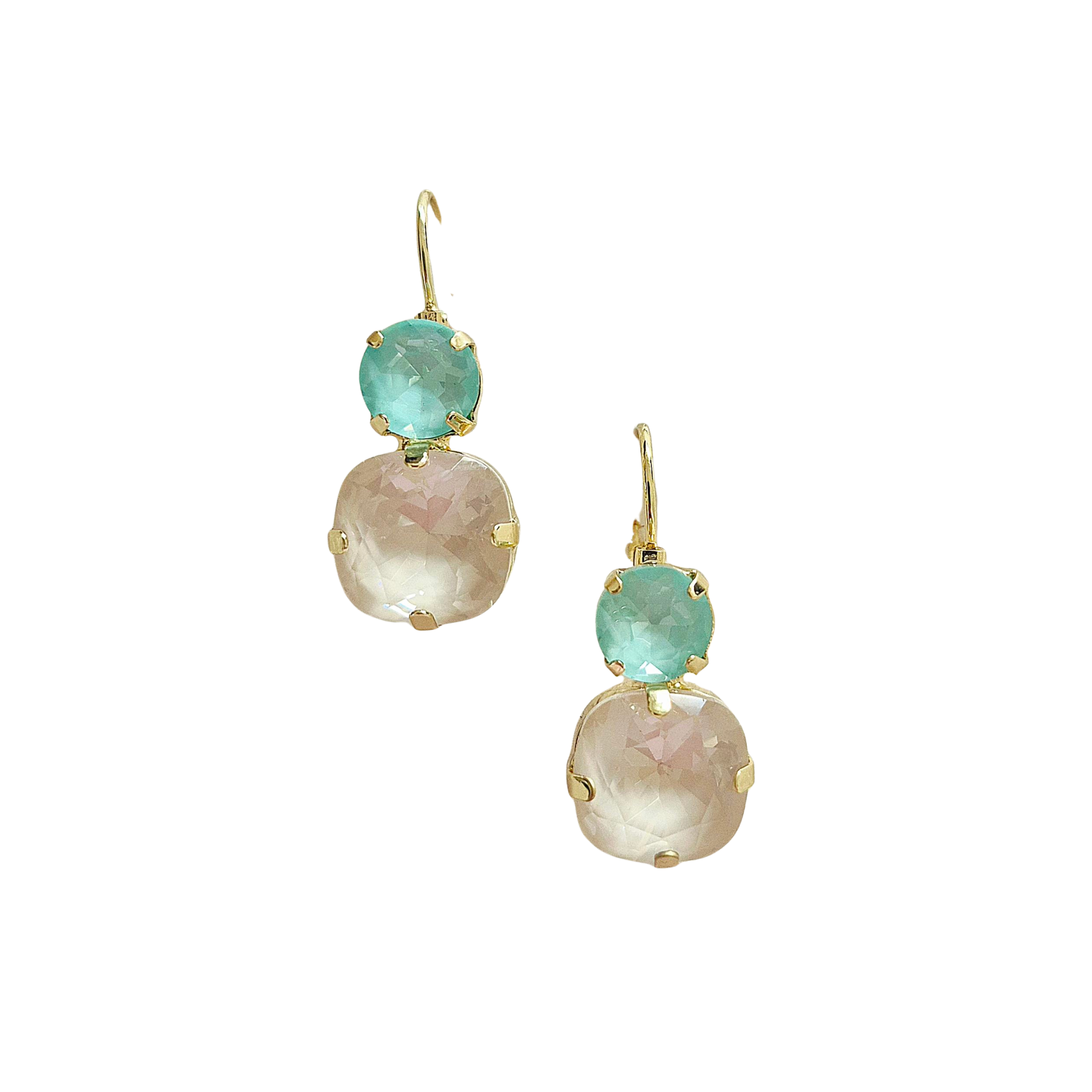 Pair of gold-tone drop earrings with an aqua crystal above a cream opal-look stone.