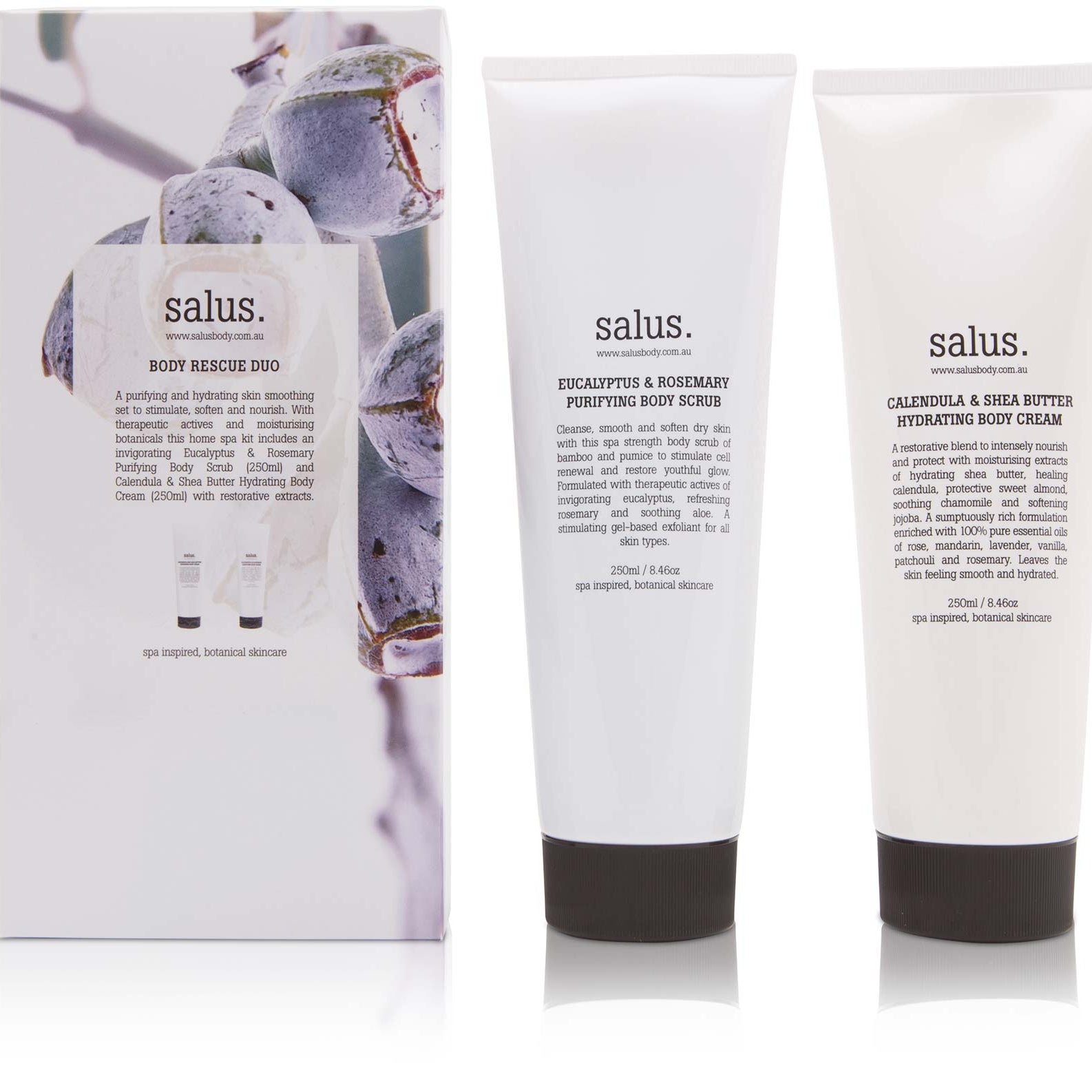 Salus Body Rescue Duo gift box with Eucalyptus & Rosemary body scrub and Calendula & Shea Butter body cream tubes