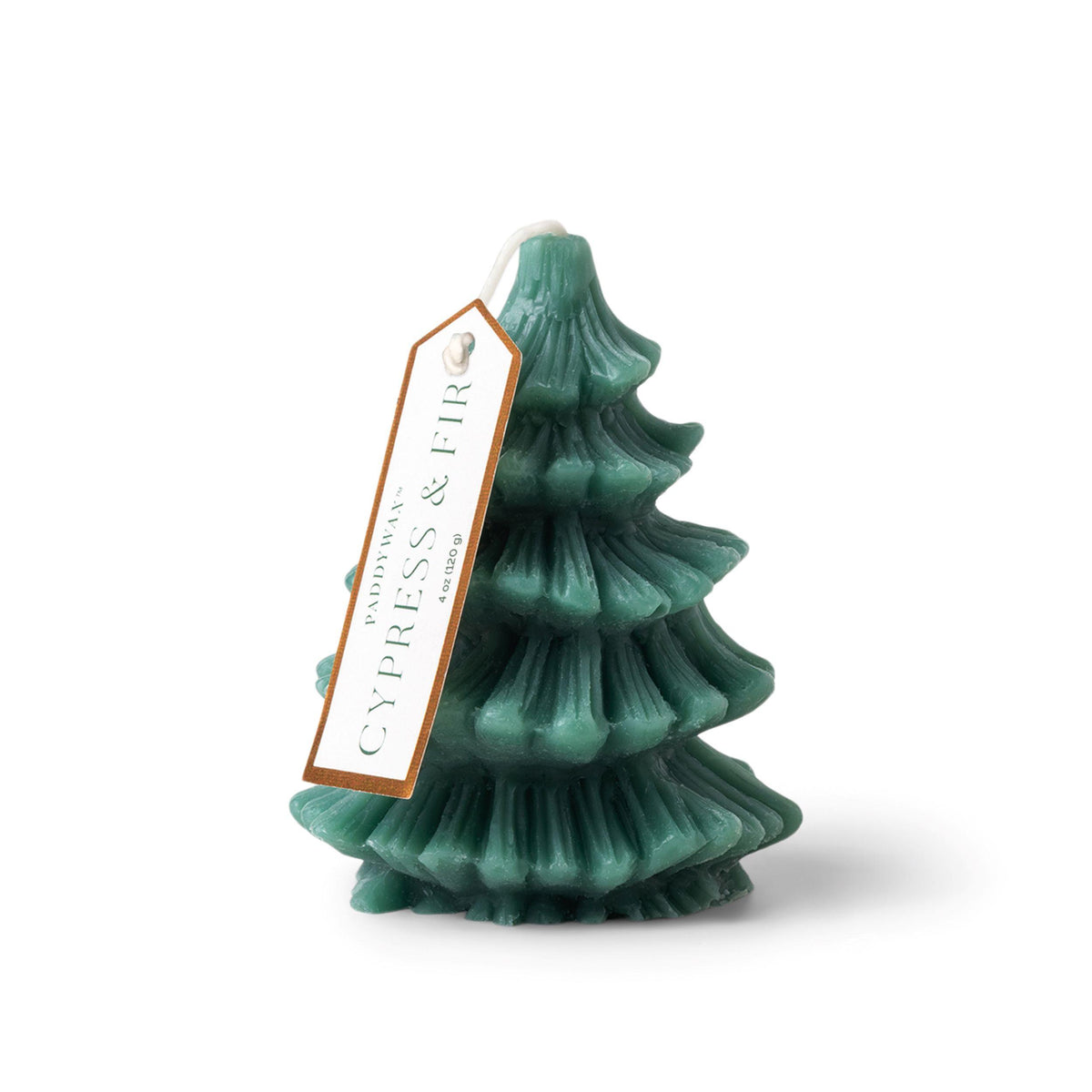 Deep green candle moulded as a tiered fir tree, with a white wick and a Cypress & Fir tag.