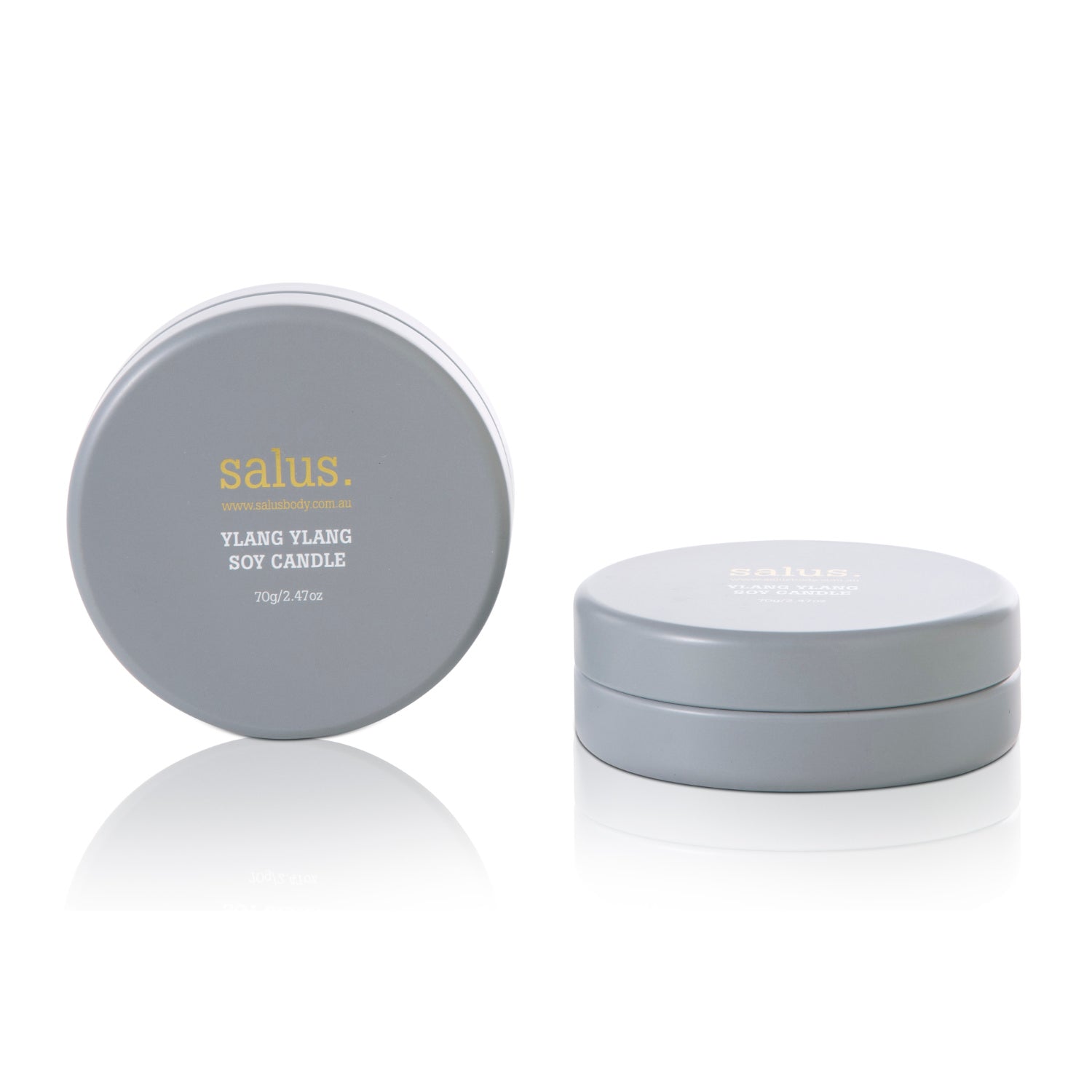 Salus Ylang Ylang Soy Candle 70g grey travel tin with its lid alongside