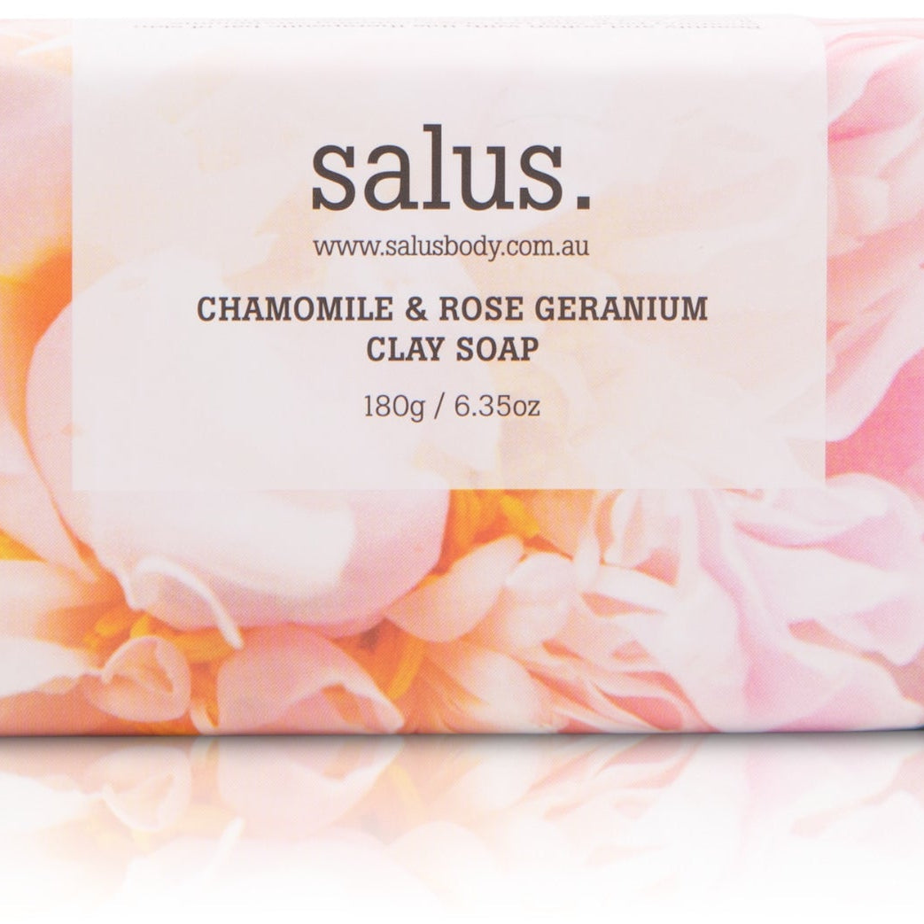 Boxed Salus Chamomile & Rose Geranium Clay Soap 180g with peony print packaging