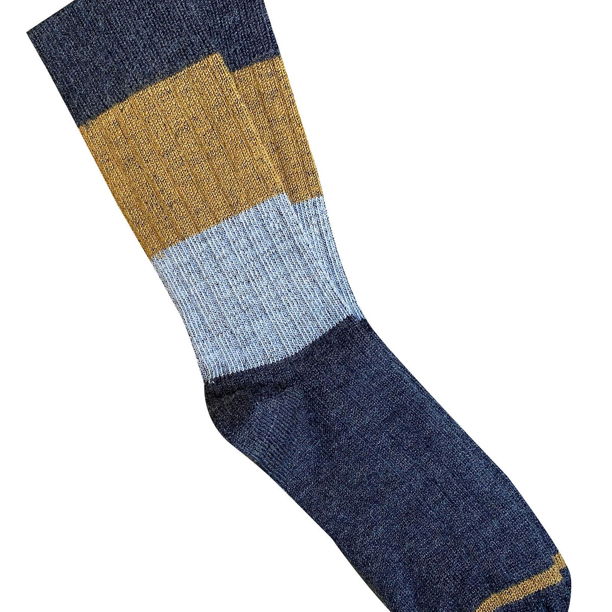 Merino rib sock in colour blocks of dark charcoal, mustard and pale blue, with a mustard toe line