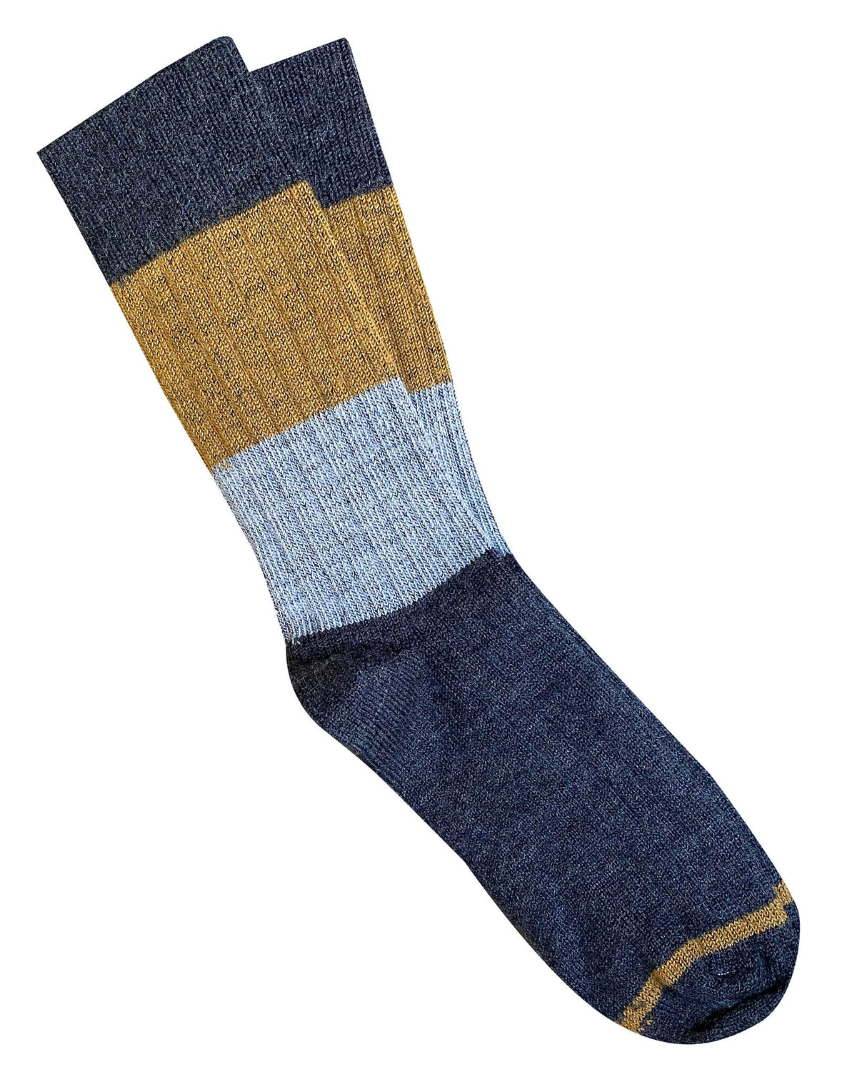 Merino rib sock in colour blocks of dark charcoal, mustard and pale blue, with a mustard toe line