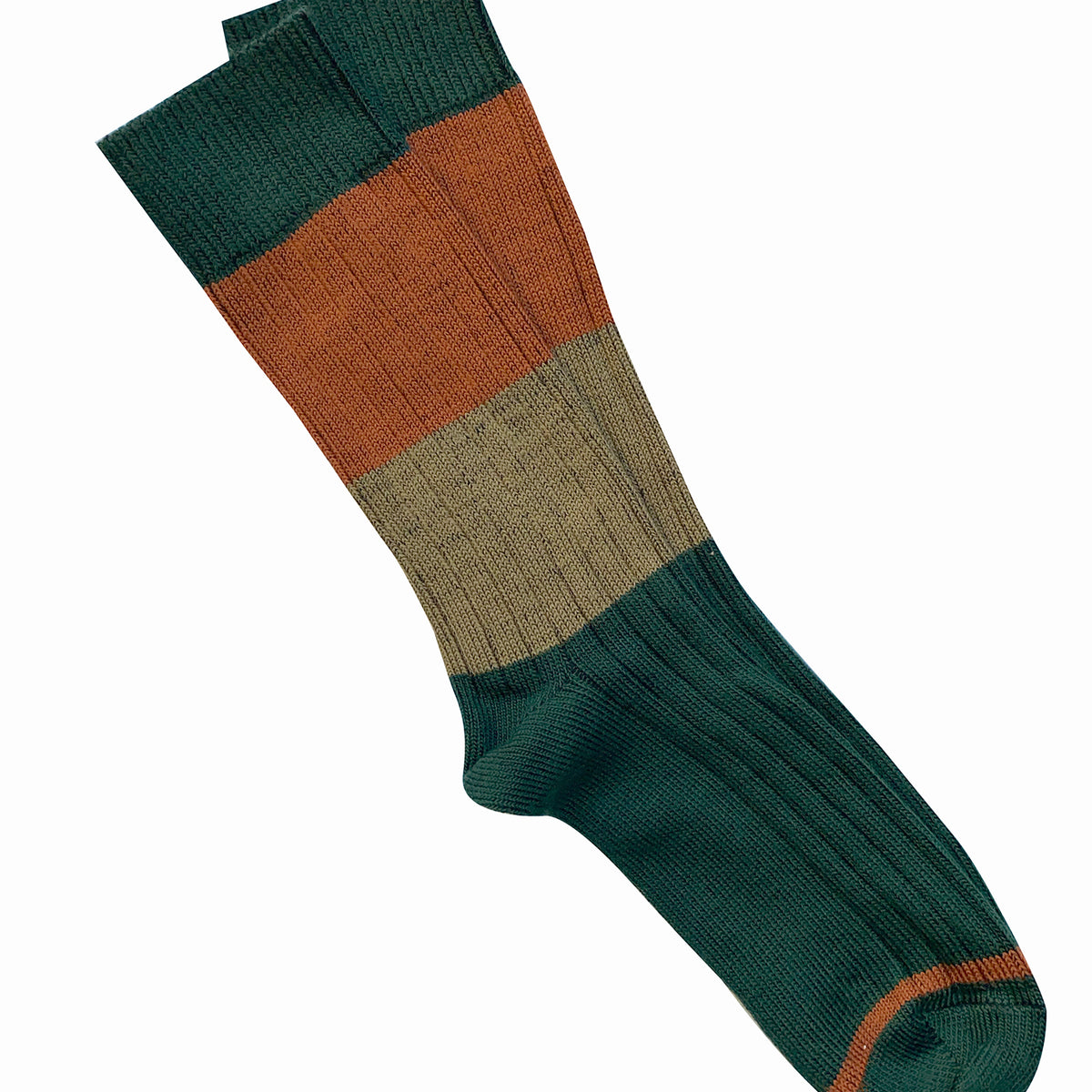 Merino rib sock in colour blocks of bottle green, rust and khaki