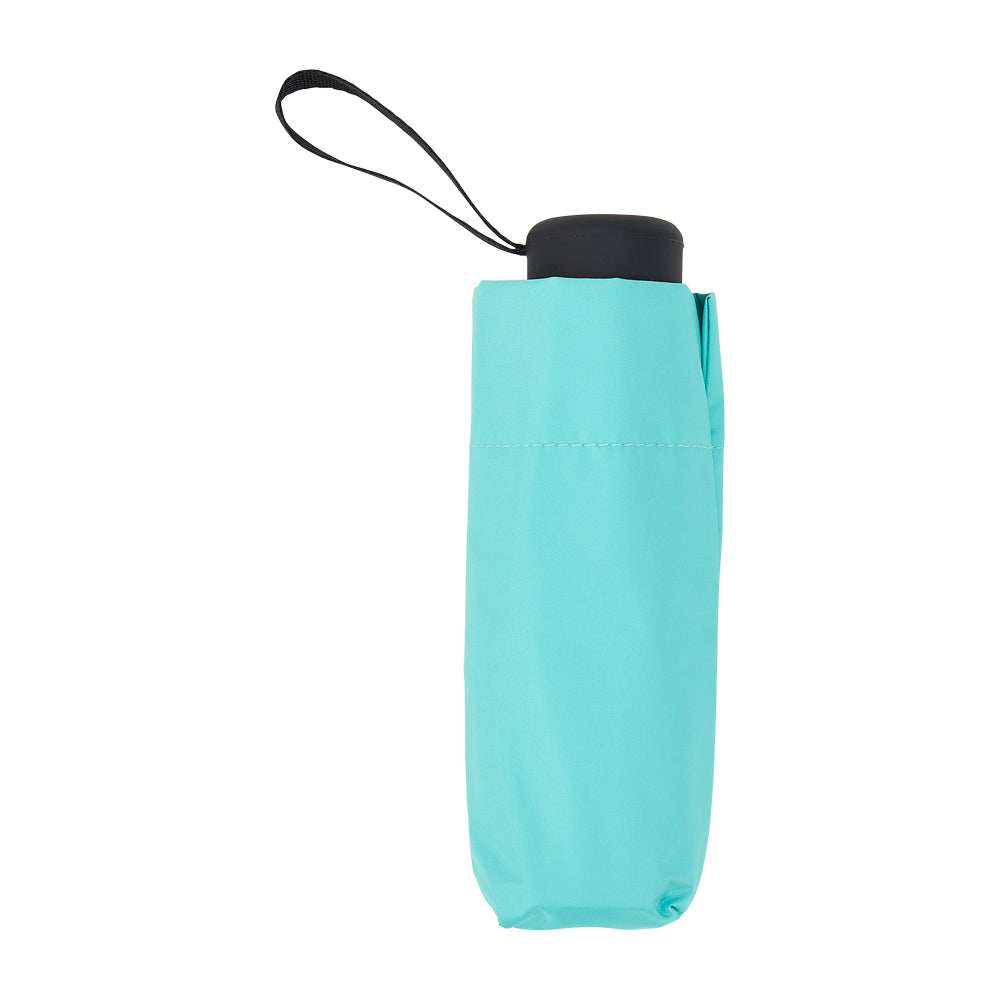 Aqua folded umbrella standing upright with a black handle and wrist strap.