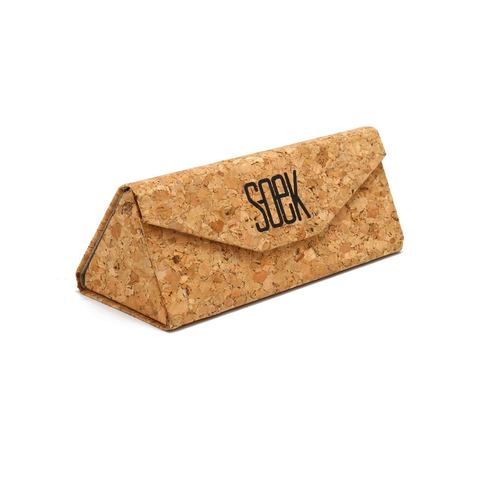 The folding cork case that comes with the sunglasses, standing upright