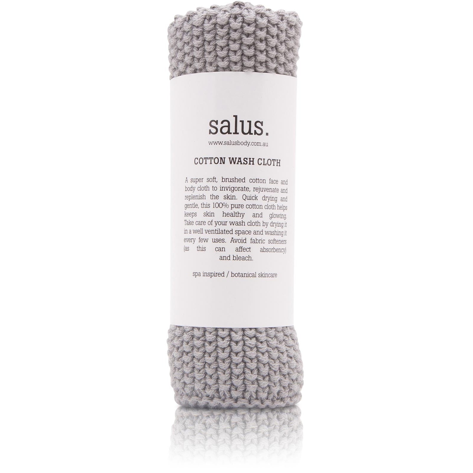 Knitted Salus Cotton Wash Cloth in grey, rolled with paper label