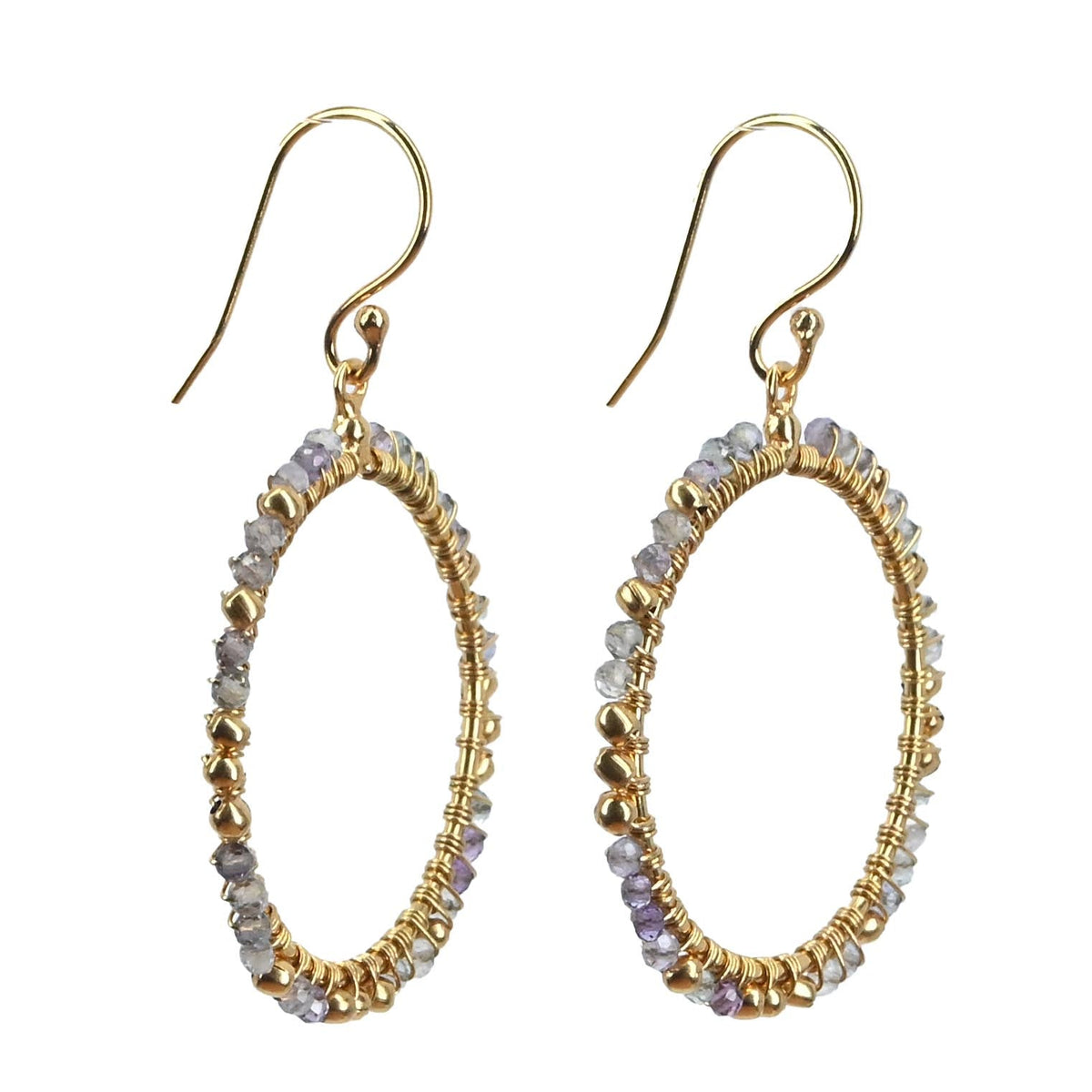 Gold hoop earrings wire-wrapped with pale grey and lavender labradorite beads