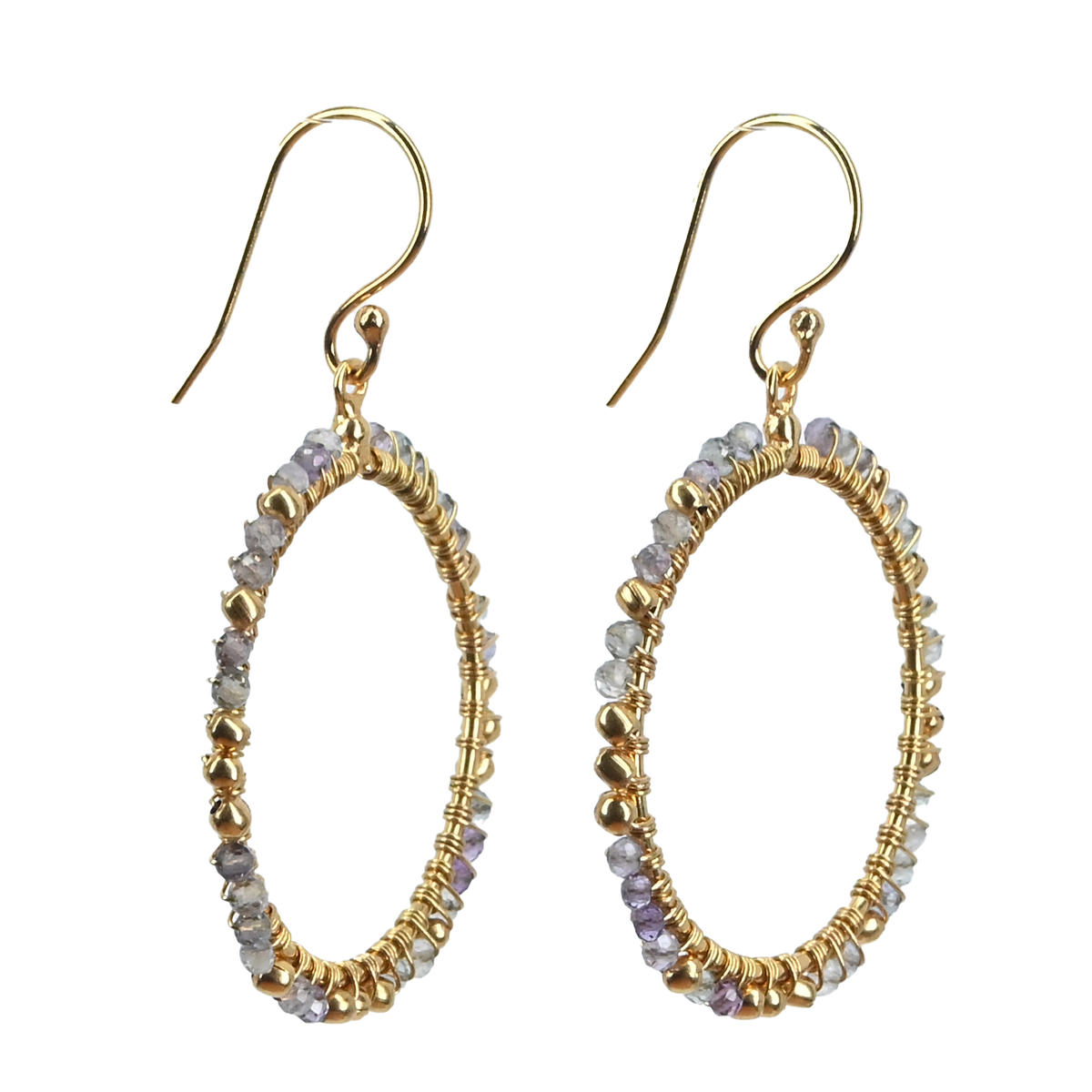 Gold hoop earrings wire-wrapped with pale grey and lavender labradorite beads