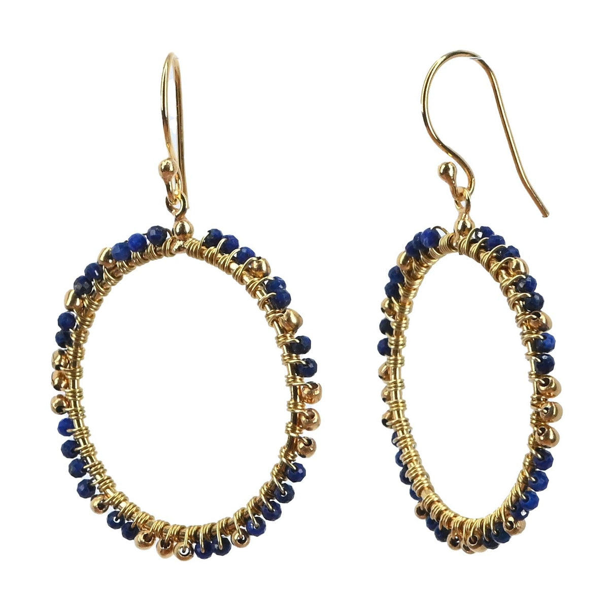 Gold hoop earrings wire-wrapped with deep blue lapis beads